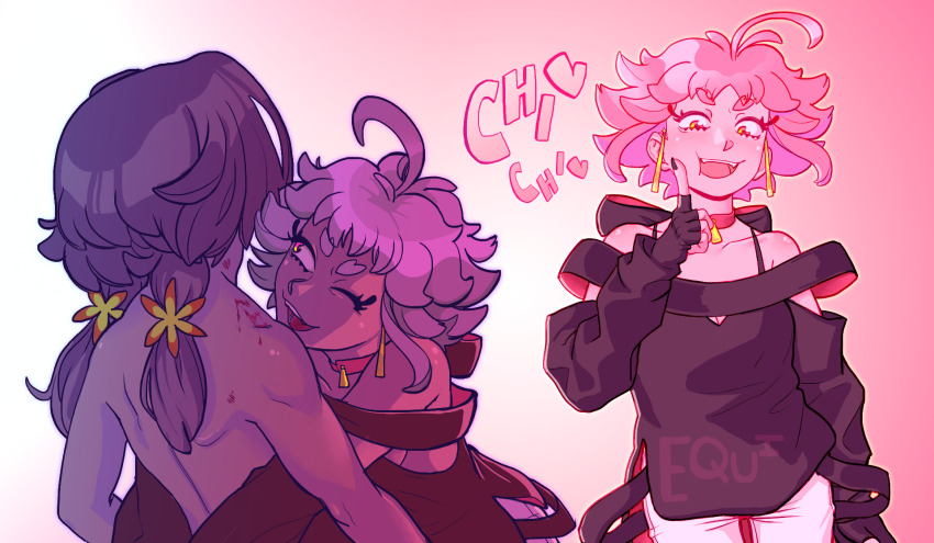 2girls, ahoge, arms_at_sides, artist_name, bare_shoulders, bite_mark, bite_mark_on_neck, black_dress