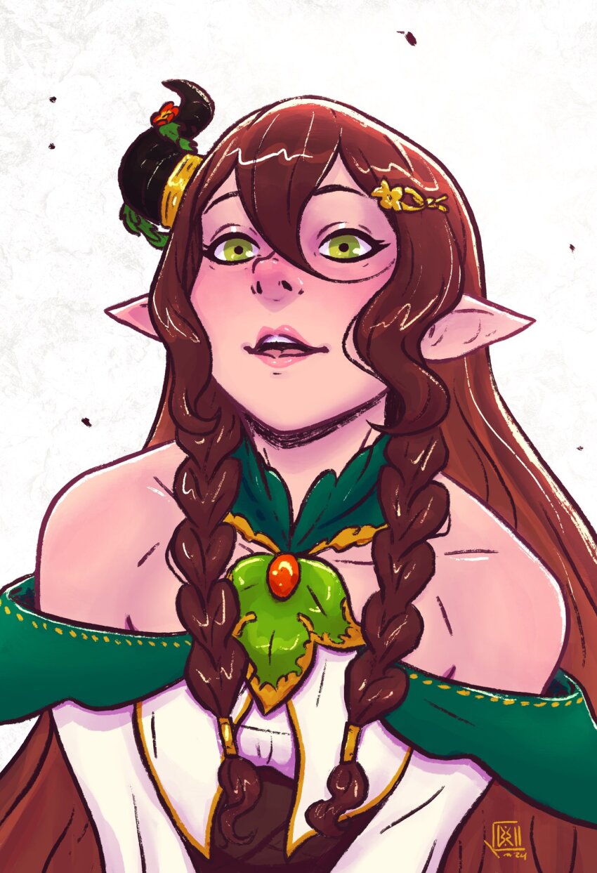 1girl, 2024, bell_mimieux, braid, brown_hair, collarbone, commentary, dark-skinned_female, dark_skin, dress, english_commentary, faelie_fallwood, flower, green_eyes, hair_between_eyes, highres, horn_flower, horns, lips, nexas_(vtuber), off-shoulder_dress, off_shoulder, open_mouth, signature, single_horn, solo, teeth, tongue, twin_braids, upper_teeth_only, virtual_youtuber, white_background, white_dress