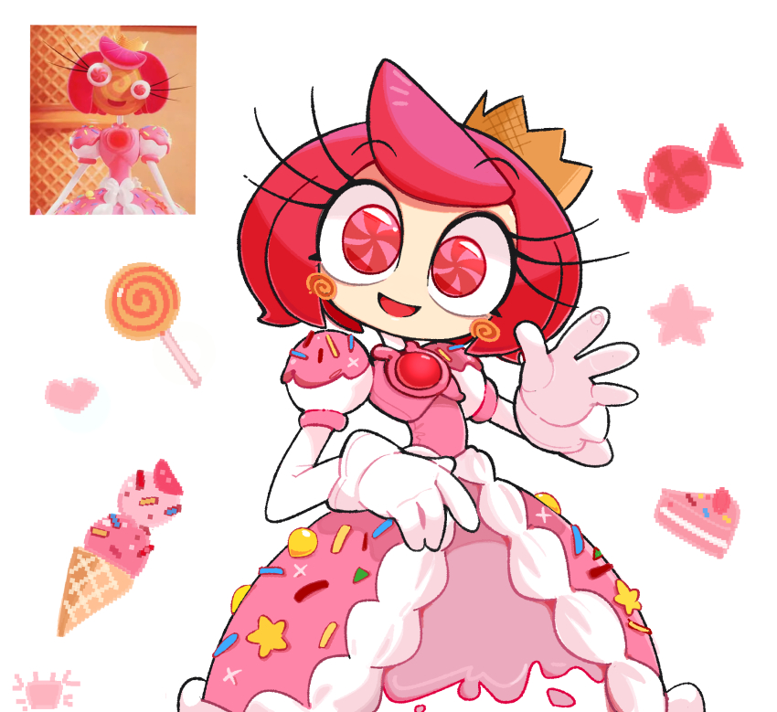 1girl, cake_print, candy, reference_sheet, crown, food, food-themed_clothes, food_print, glitch_productions, gloves, highres, humanization, kim_crab, long_eyelashes, looking_at_viewer, princess, princess_loolilalu, red_hair, short_hair, smile, the_amazing_digital_circus, waving, white_gloves
