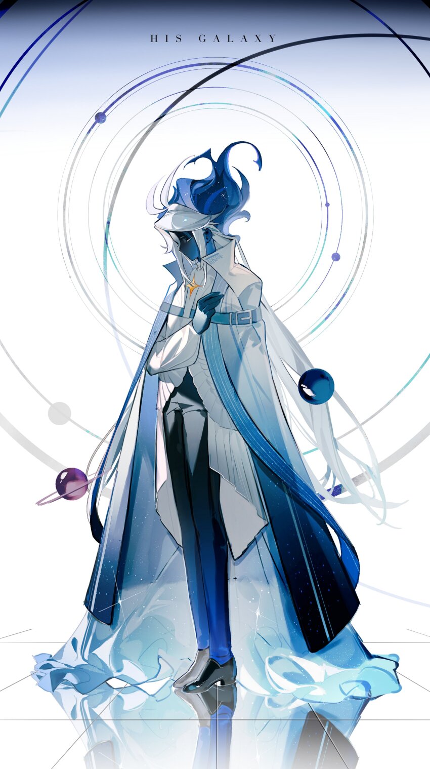 1boy, absurdres, black_pants, black_shoes, blue_cape, blue_hair, blue_skin, cape