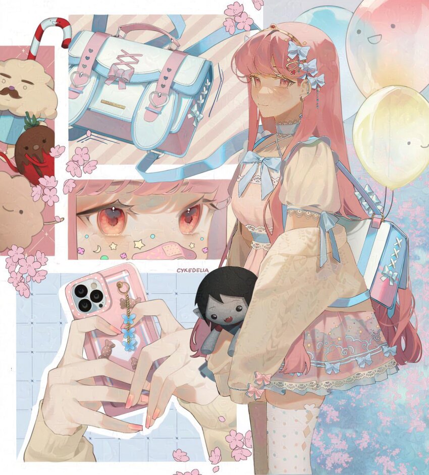 1girl, adventure_time, animification, artist_name, bag, balloon, bandaid, bandaid_on_face