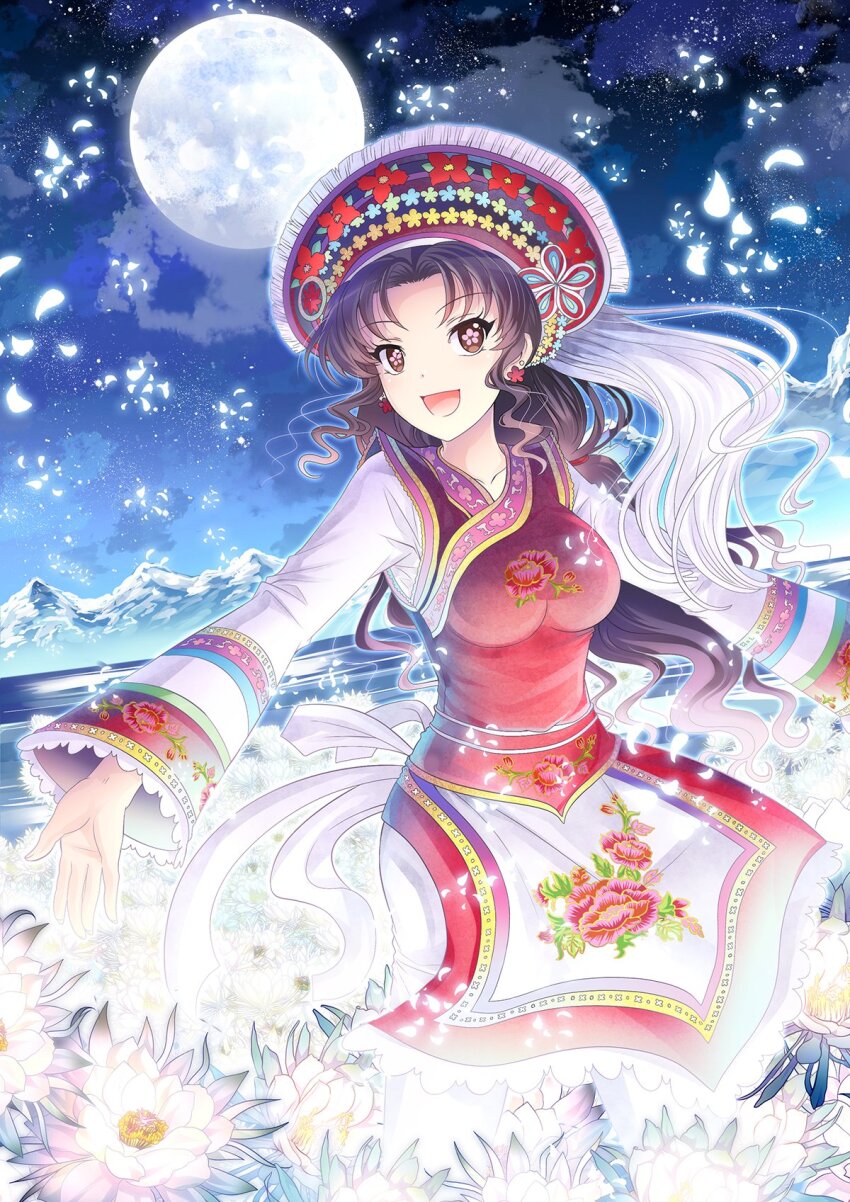 1girl, :d, bai_clothes, black_hair, breasts, brown_eyes, china_comic, cloud, cowboy_shot, curtained_hair, dress, earrings, fake_hair, falling_petals, field, floral_print, flower, flower-shaped_pupils, flower_earrings, flower_field, full_moon, glowing, glowing_flower, glowing_petals, happy, headdress, highres, impossible_clothes, jewelry, layered_clothes, long_hair, long_sleeves, medium_breasts, middle_part, moon, mountainous_horizon, night, open_hand, open_mouth, original, outstretched_arms, petals, pink_pupils, ponytail, shirt_under_dress, sidelocks, sky, sleeveless, sleeveless_dress, smile, solo, split_mouth, standing, star_(sky), starry_sky, symbol-shaped_pupils, underlighting, very_long_hair, wavy_sidelocks, white_flower, white_sleeves, wide_sleeves, yellow_trim