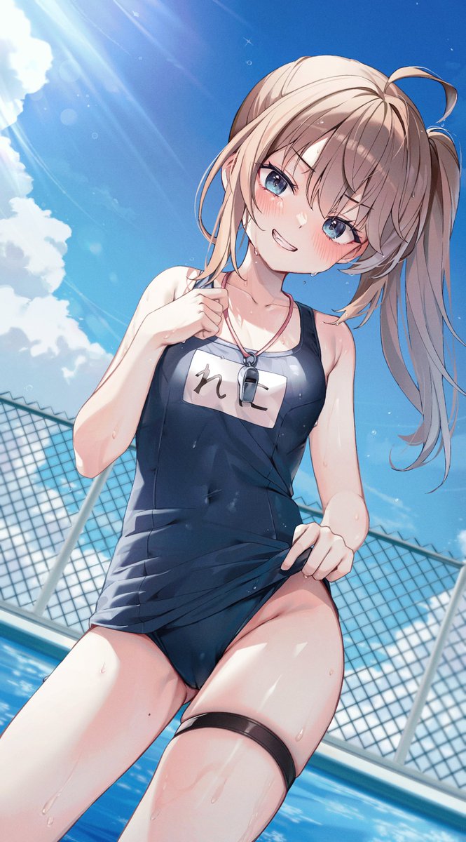 1girl, ahoge, alternate_costume, bare_arms, bare_shoulders, black_survival, blue_eyes, blue_one-piece_swimsuit