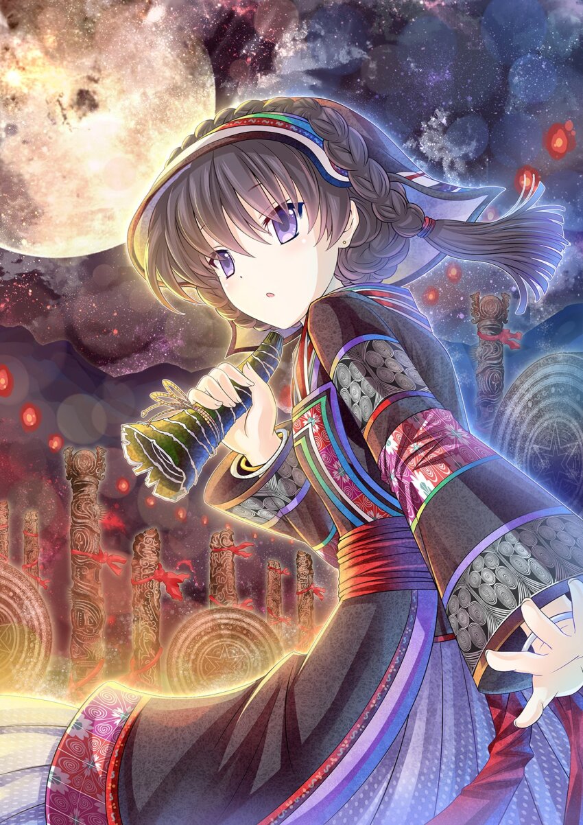 1girl, :o, arm_at_side, black_dress, black_veil, bouyei_clothes, bracelet, braid, brown_hair, china_comic, crown_braid, dot_nose, dress, earrings, hand_up, highres, holding, huge_moon, jewelry, layered_clothes, long_sleeves, looking_ahead, mixed_media, moon, multicolored_dress, multiple_bracelets, night, original, outline, parted_lips, purple_eyes, red_sash, sash, side_braid, sky, solo, standing, star_(sky), starry_sky, stud_earrings, swept_bangs, veil, waist_sash, white_outline