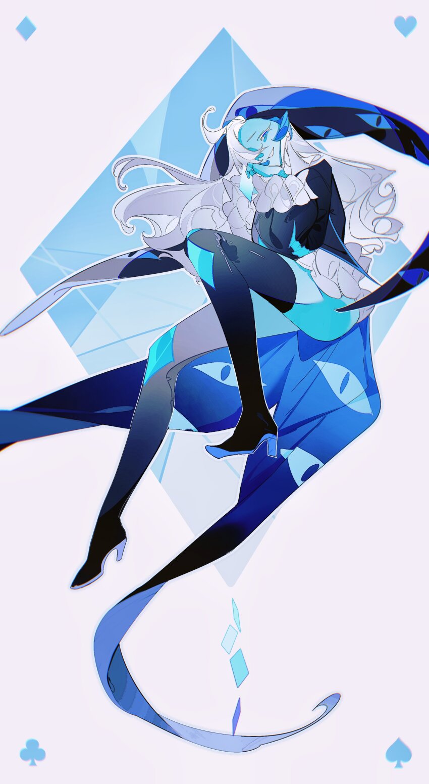 1girl, absurdres, ahoge, black_shirt, black_thighhighs, blue_cape, blue_eyes, blue_hat