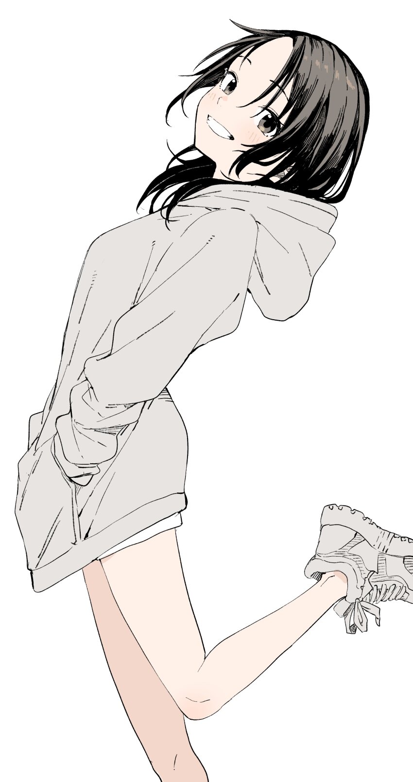 1girl, absurdres, black_hair, blush, brown_eyes, clenched_teeth, grey_jacket, grey_shoes