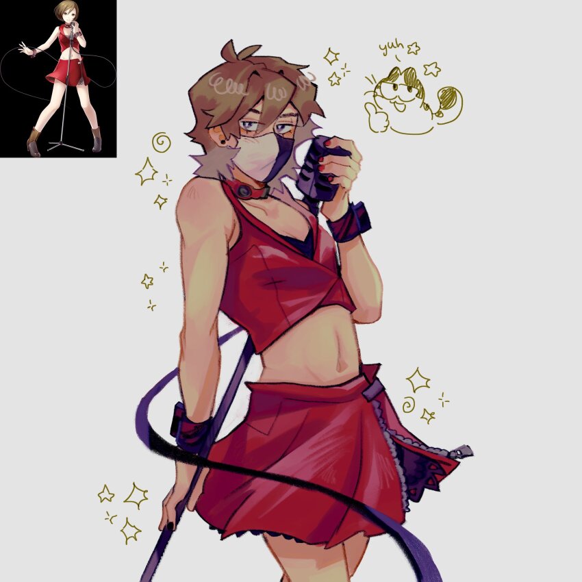 1other, androgynous, bare_shoulders, brown_hair, commentary, cosplay, crop_top, english_commentary