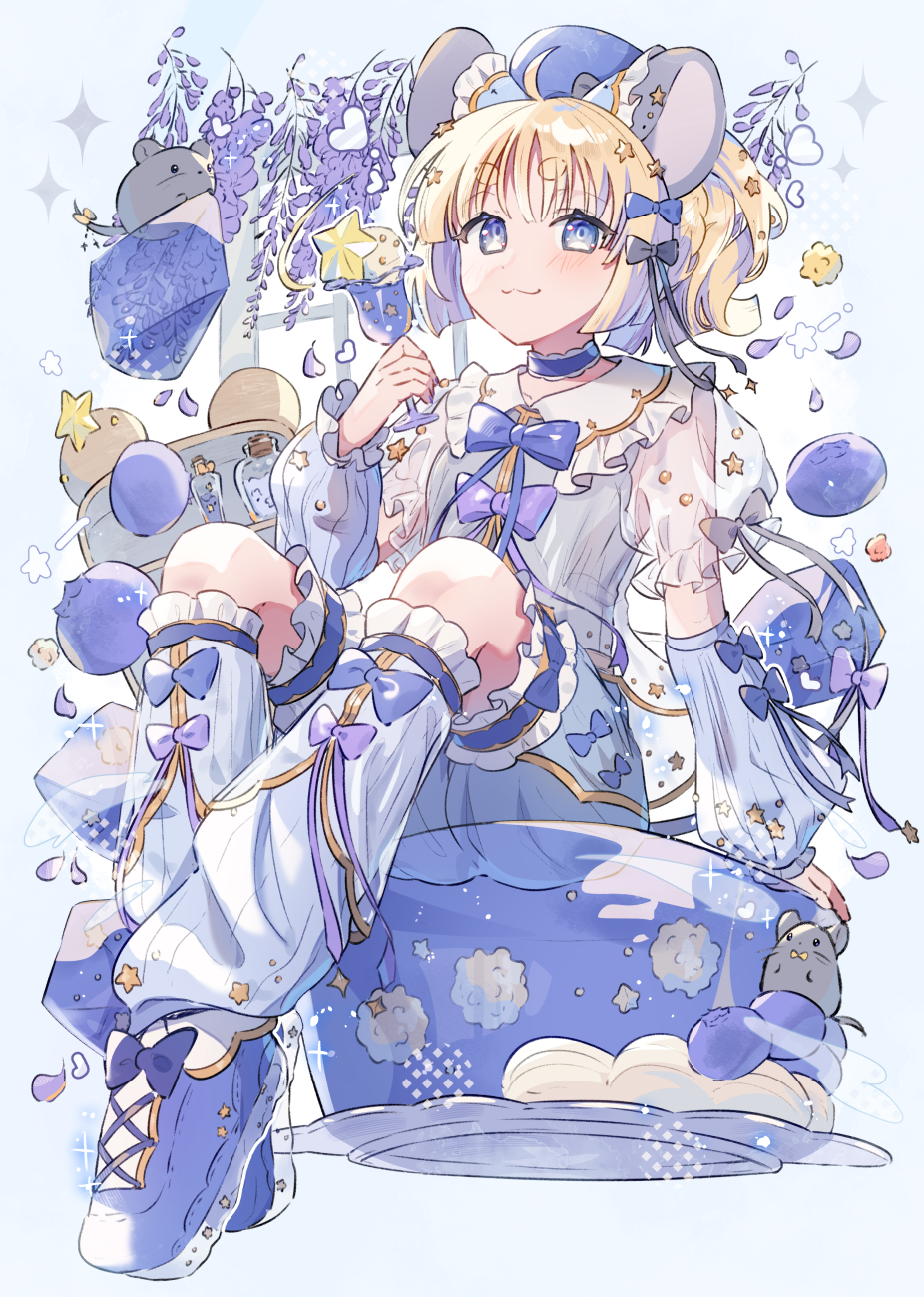 1girl, :3, animal_ears, blonde_hair, blue_bow, blue_bowtie, blue_eyes, blue_flow