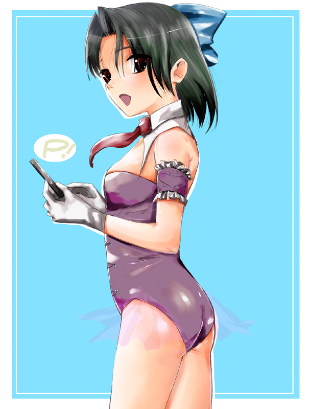 00s, 1girl, arm_garter, black_hair, blue_background, bodysuit, breasts, collar, female_focus, frills, gloves, hair_ribbon, kiyoura_setsuna, kokeshi_men, leotard, looking_at_viewer, necktie, open_mouth, red_eyes, ribbon, school_days, short_hair, sideboob, simple_background, solo, standing