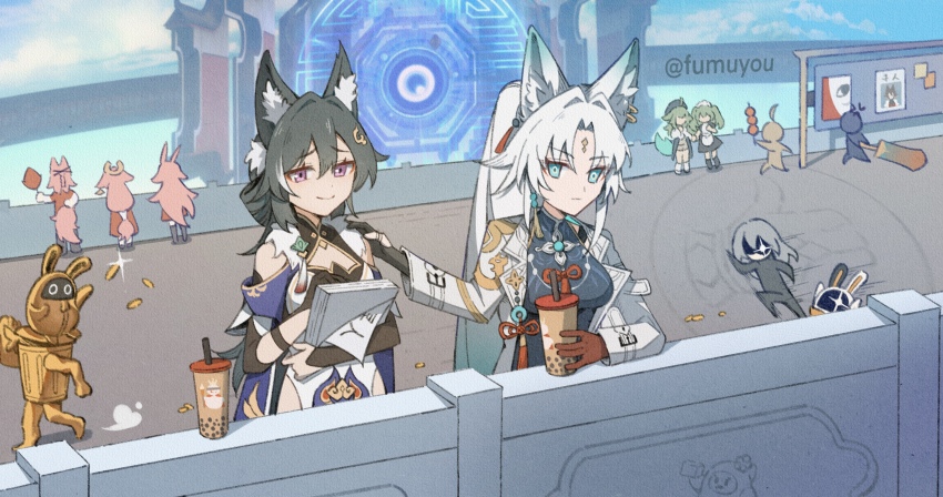 6+girls, absurdres, bangboo_(zenless_zone_zero), black_hair, chasing, company_connection, corin_wickes, crossover, cup, day, disposable_cup, drinking_straw, eous_(zenless_zone_zero), fairy_(zenless_zone_zero), fantastic_voyage_(genshin_impact), feixiao_(honkai:_star_rail), fumuyou, furrowed_brow, genshin_impact, golden_bangboo, green_hair, grey_hair, hair_between_eyes, hand_on_another's_shoulder, herta_(honkai:_star_rail), herta_(simulated_universe_avatar)_(honkai:_star_rail), highres, holding, holding_cup, holding_sword, holding_weapon, honkai:_star_rail, honkai_(series), huohuo_(honkai:_star_rail), jacket, jiaoqiu_(honkai:_star_rail), long_hair, long_sleeves, lordly_trashcan_(honkai:_star_rail), mihoyo, multicolored_hair, multiple_crossover, multiple_girls, outdoors, purple_eyes, running, silhouette, smile, stelle_(honkai:_star_rail), sword, tail, tingyun_(honkai:_star_rail), trailblazer_(honkai:_star_rail), trash_can, twitter_username, very_long_hair, weapon, white_hair, yae_miko, yae_sakura, yanqing_(honkai:_star_rail), yukong_(honkai:_star_rail), yunli_(honkai:_star_rail), zenless_zone_zero