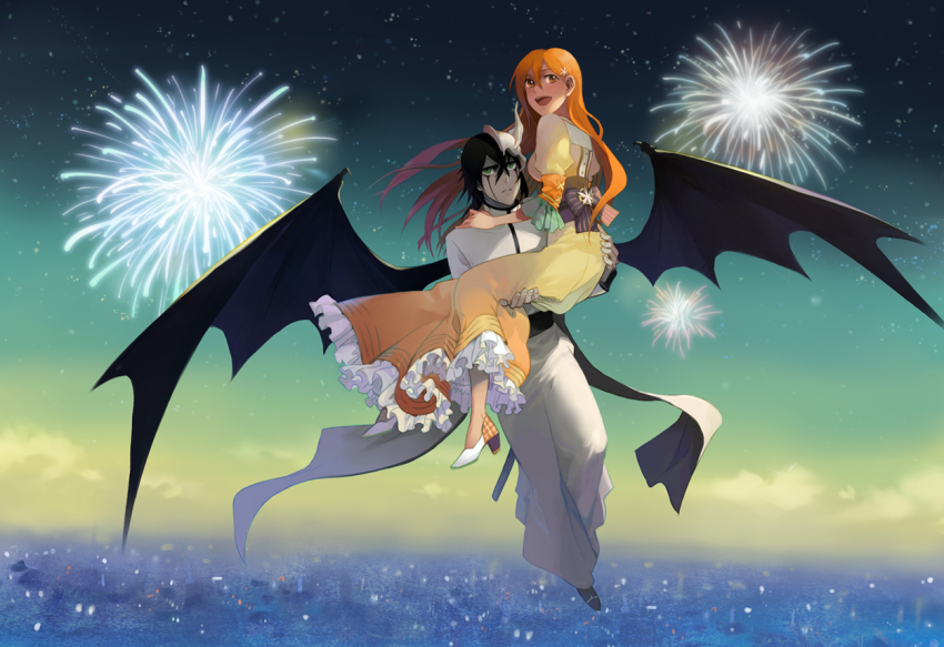 1boy, 1girl, aerial_fireworks, arrancar, bat_wings, black_hair, bleach, brown_eyes