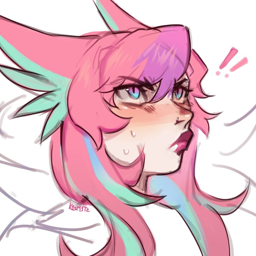 !, !!, 1girl, artist_name, blush, face_piercing, green_hair, highres