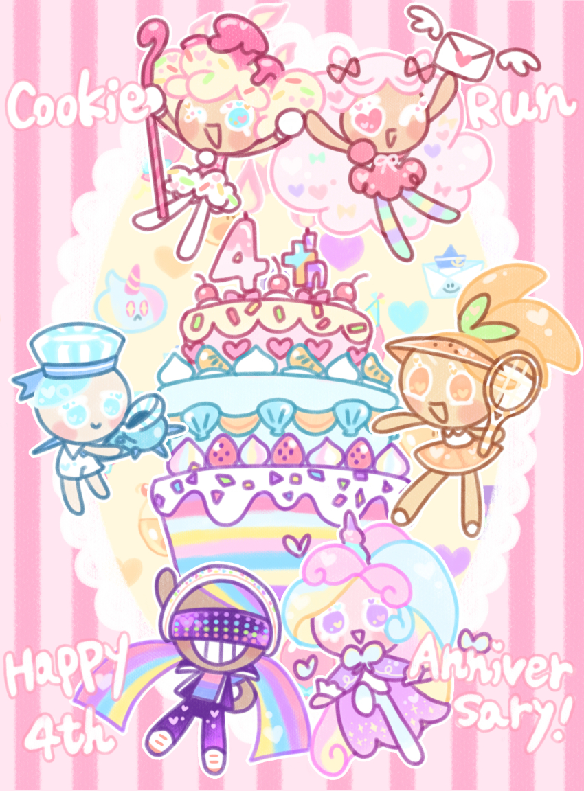 3girls, 3others, absurdres, androgynous, anniversary, birthday_cake_cookie, blonde_hair, blue_hair