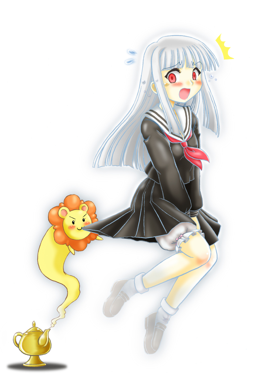 00s, 1girl, aisaka_sayo, biting, bloomers, crossover, female_focus, genie