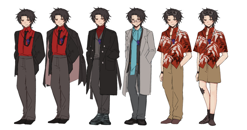 1boy, black_coat, black_jacket, black_necktie, black_pants, black_shoes, black_socks, black_sweater