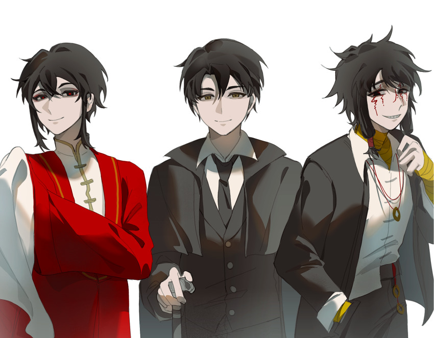 3boys, bandaged_arm, bandaged_neck, bandages, black_cape, black_hair, black_jacket, black_necktie