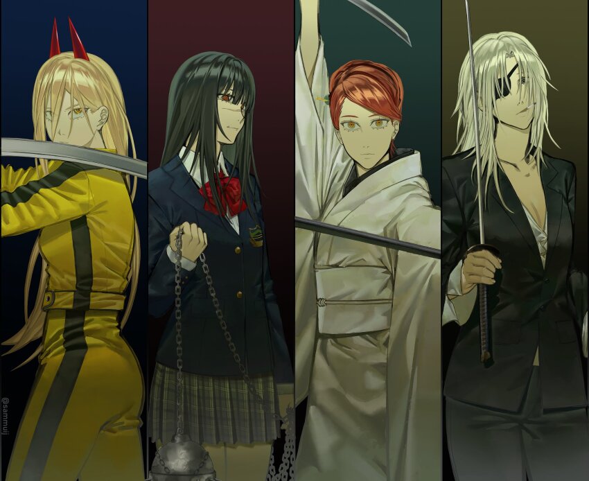 4girls, arm_up, ball_and_chain_(weapon), beatrix_kiddo, beatrix_kiddo_(cosplay), black_eyes, black_hair, black_pants