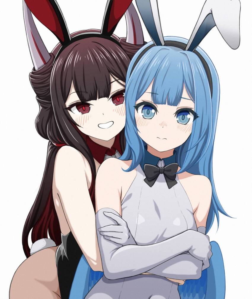 2girls, absurdres, animal_ears, armpit_crease, axelsworks, azur_lane, black_bow, black_bowtie
