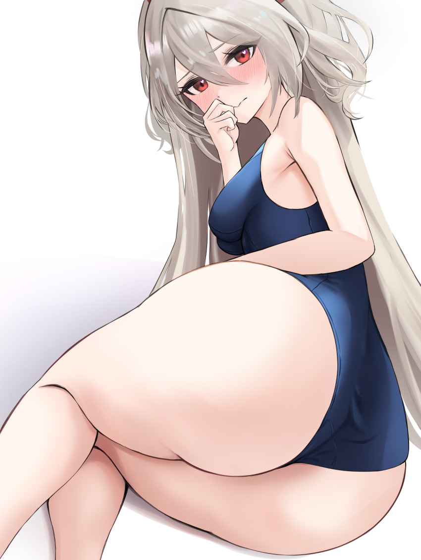 absurdres, armpit_crease, ass, azur_lane, blush, breasts, closed_mouth, embarrassed, gokusei, heart, heart-shaped_pupils, highres, huge_ass, l'audacieux_(azur_lane), light_brown_hair, long_bangs, long_hair, looking_at_viewer, red_eyes, school_swimsuit, simple_background, small_breasts, swimsuit, symbol-shaped_pupils, very_long_hair, white_background, wide_hips