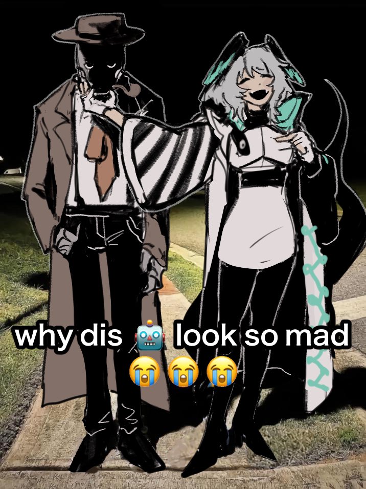 1boy, 1girl, arknights, black_pants, black_pantyhose, brown_coat, brown_hat, clothed_robot