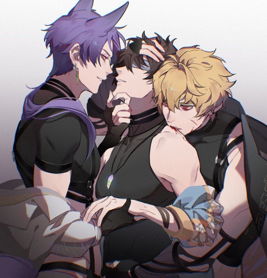 3boys, animal_ears, arms_around_another's_waist, bags_under_eyes, bare_shoulders, biting_shoulder, black_gloves, black_shirt