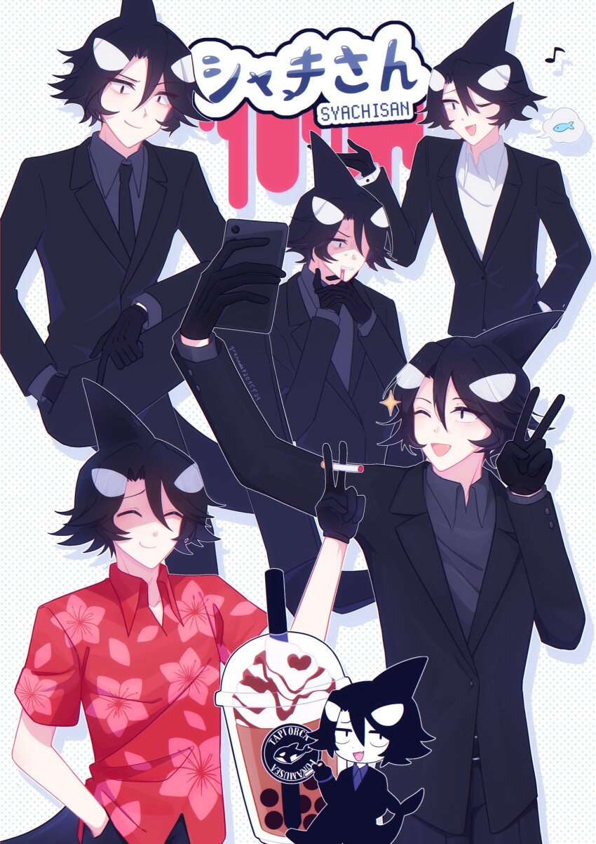 1boy, alternate_costume, black_eyes, black_gloves, black_hair, black_necktie, black_suit, blood, blood_from_mouth, bubble_tea, cellphone, cetacean_tail, chibi, chibi_inset, cigarette, closed_eyes, closed_mouth, collared_shirt, commentary, english_commentary, fang, fins, fish, fish_tail, floral_print, floral_print_shirt, formal_clothes, funamusea, gloves, grenade72015524, grey_shirt, hair_between_eyes, head_fins, highres, holding, holding_cigarette, holding_phone, ice_scream, idate_(funamusea), male_focus, multiple_views, musical_note, necktie, one_eye_closed, open_mouth, orca_boy, outline, pale_skin, phone, polka_dot, polka_dot_background, red_shirt, selfie, shirt, short_hair, smartphone, smile, speech_bubble, suit, tail, twitter_username, v, white_outline, white_shirt