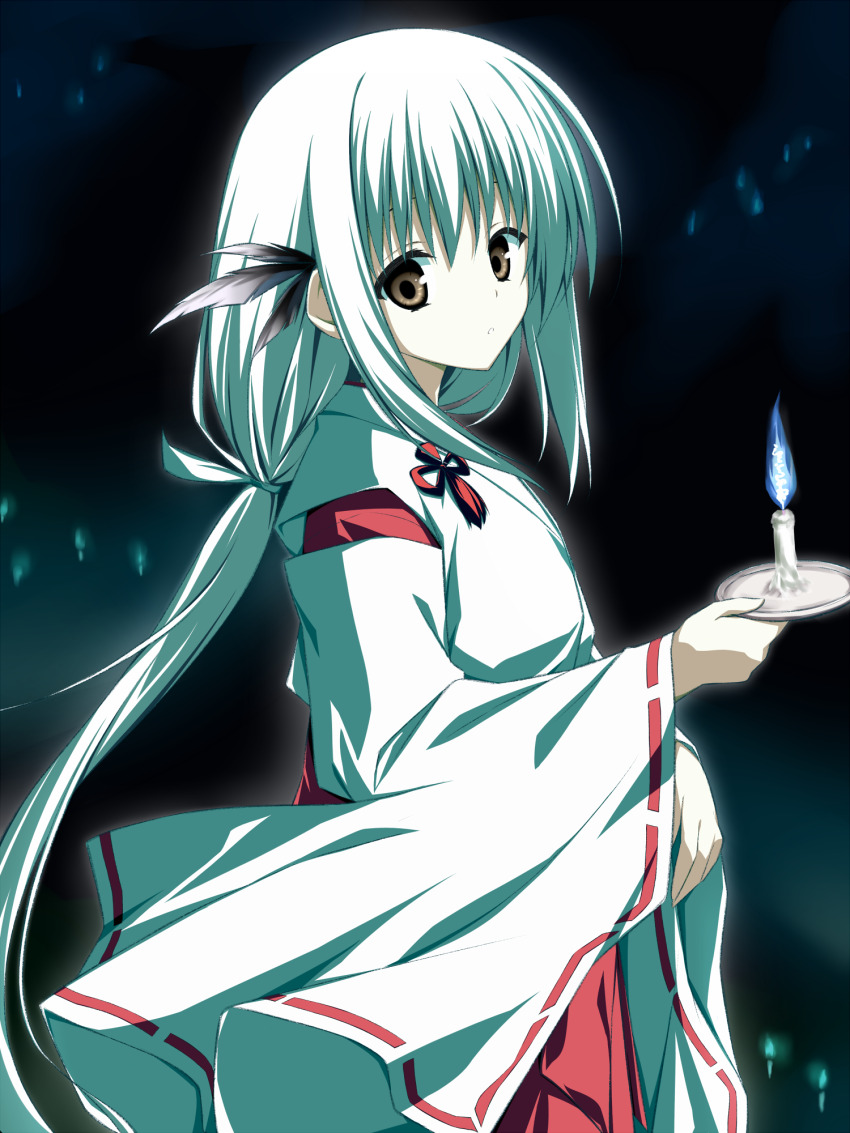 1girl, asagi_nanami, brown_eyes, candle, expressionless, feather_hair_ornament, feathers, hair_ornament