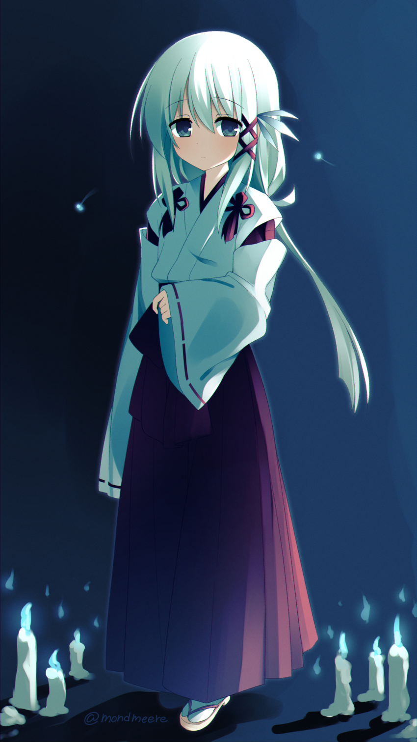 1girl, absurdres, candle, expressionless, fireflies, full_body, grey_eyes, hakama