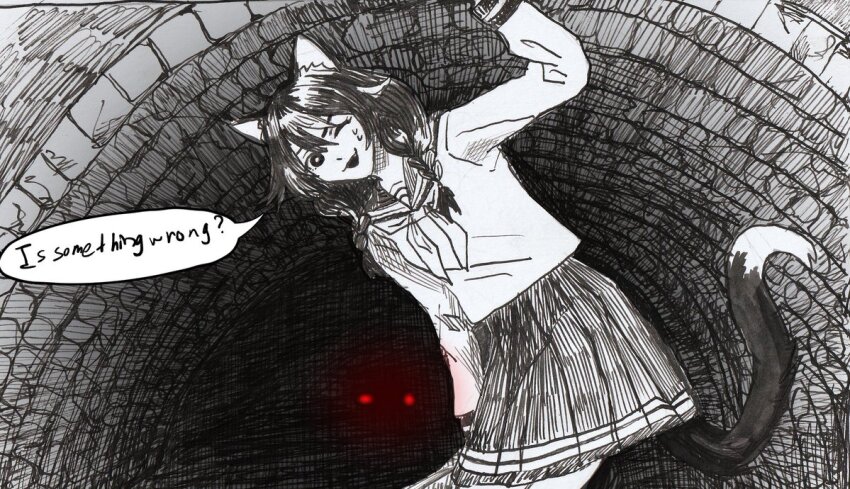 animal_ears, black_eyes, black_hair, cat_ears, cat_girl, english_text, greyscale, ink