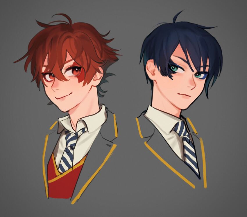 2boys, ace_trappola, ake_karashi, blue_eyes, blue_hair, deuce_spade, grey_background, highres