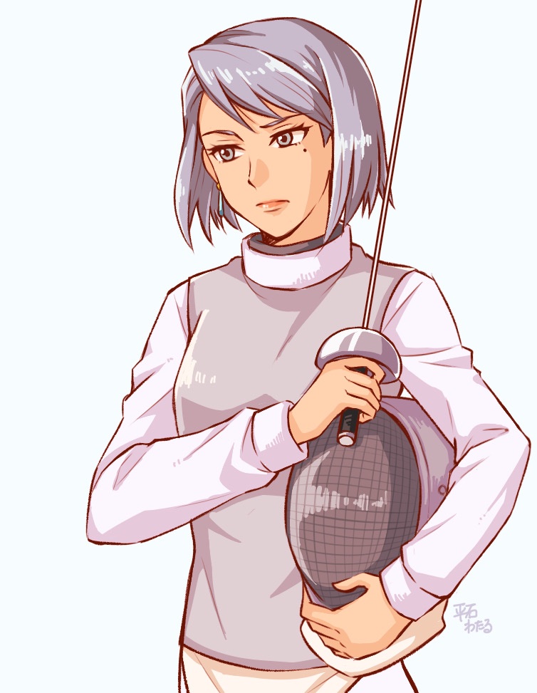 1girl, ace_attorney, closed_mouth, commentary_request, earrings, eyelashes, fencing, fencing_suit