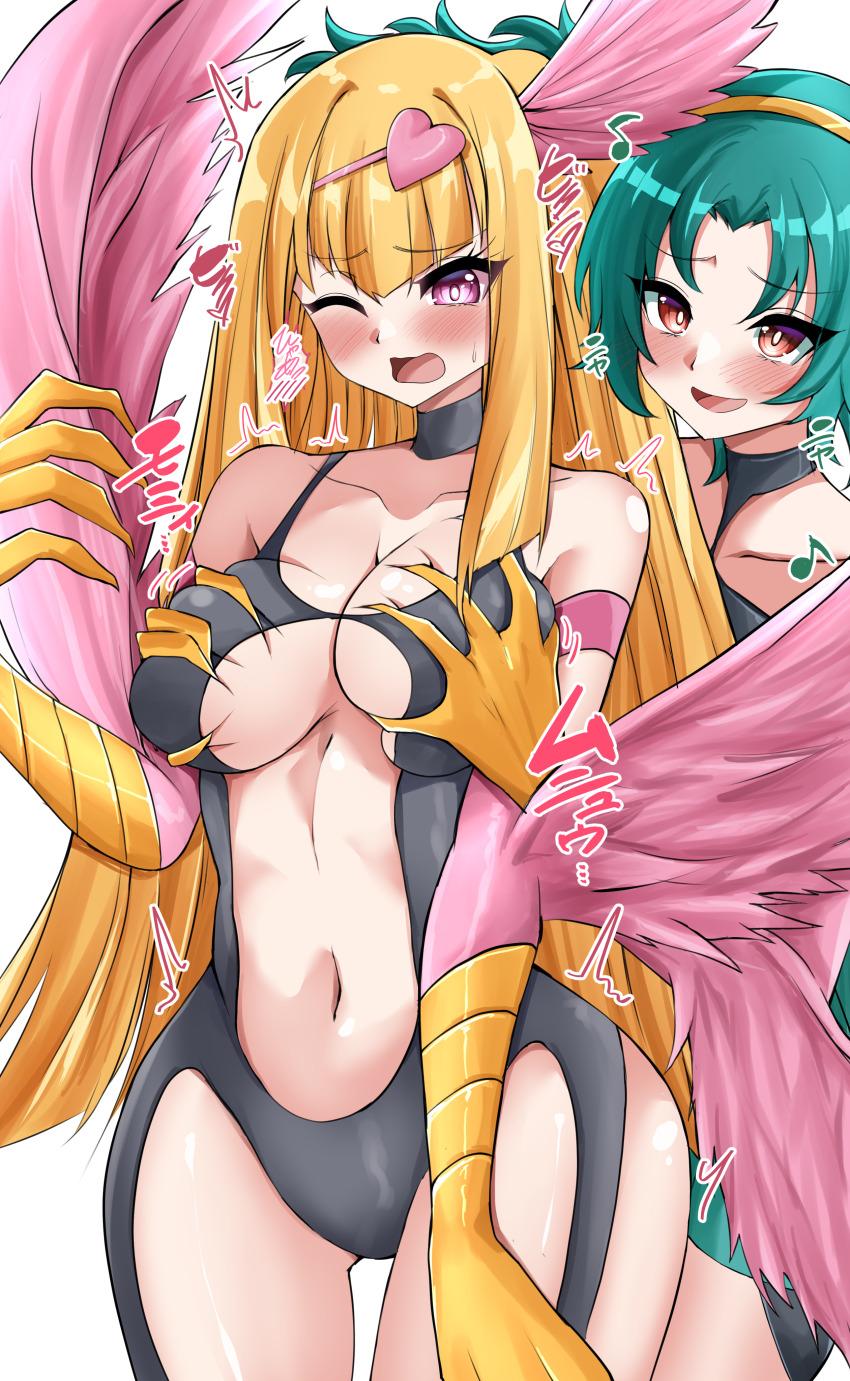 2girls, absurdres, animal_hands, black_bodysuit, blonde_hair, blush, bodysuit, breasts