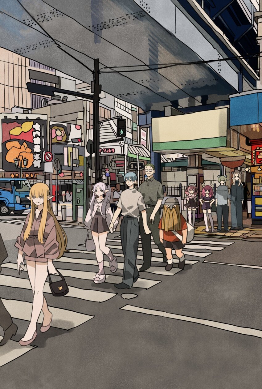 4girls, 5boys, aura_(sousou_no_frieren), backpack, bag, beard, billboard, black_dress