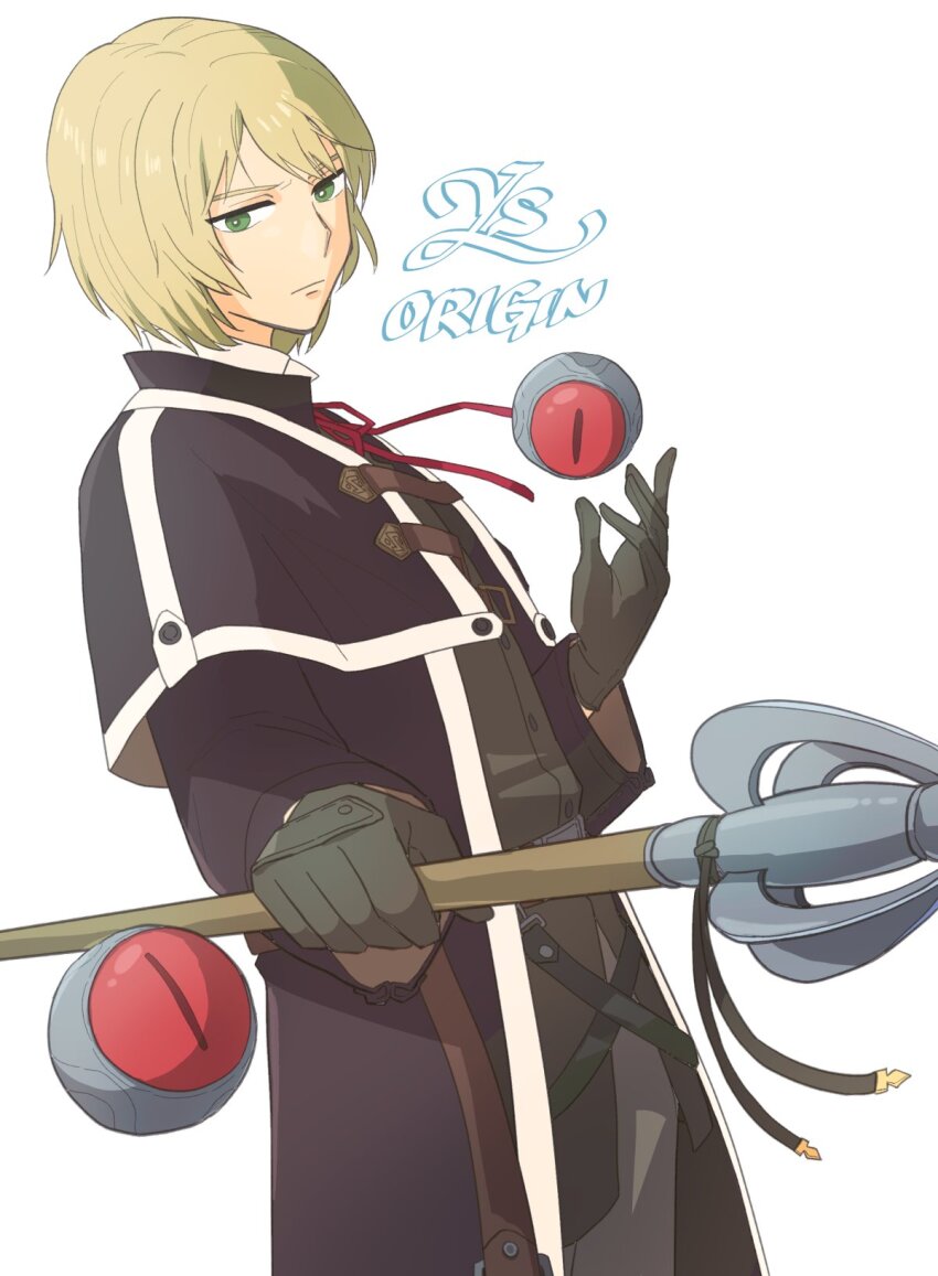 1boy, black_coat, blonde_hair, brown_gloves, closed_mouth, coat, commentary_request, copyright_name