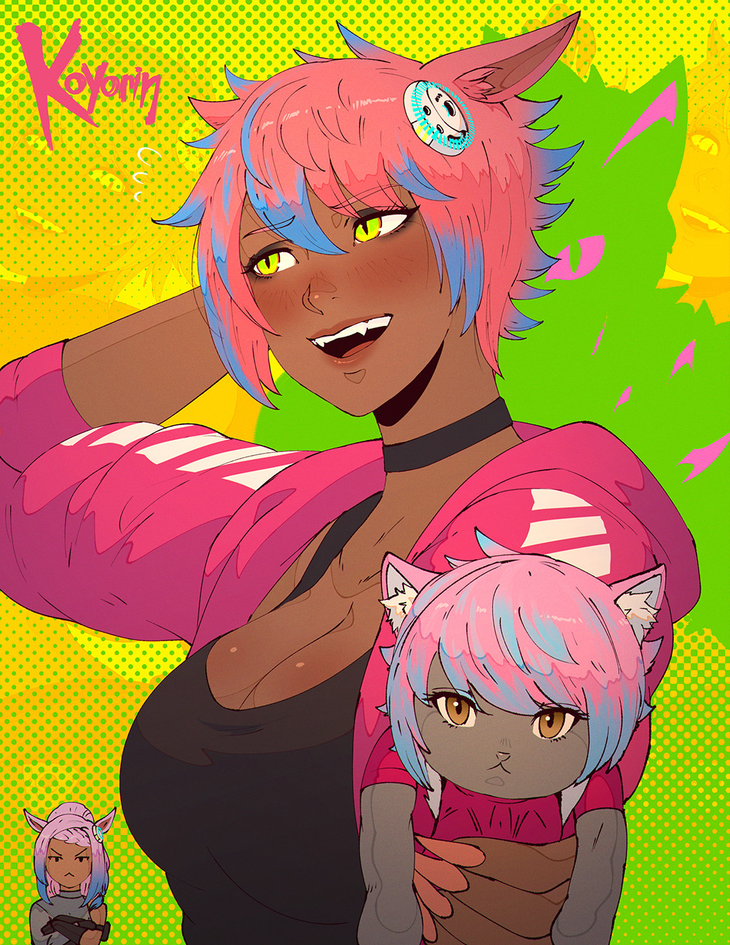 2girls, animal_ears, black_cat_(ff14), black_choker, black_tank_top, blue_hair, blush, breasts