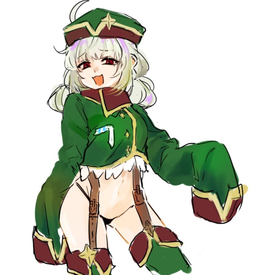 1girl, :3, ahoge, araga_kiwi, badge, belt, black_panties, cowboy_shot, double_bun, green_hat, green_jacket, hair_bun, hat, huan1034097, jacket, leoparde_(mahou_shoujo_ni_akogarete), long_sleeves, looking_at_viewer, mahou_shoujo_ni_akogarete, military_hat, open_mouth, panties, red_eyes, simple_background, smile, solo, underwear, white_background, white_hair