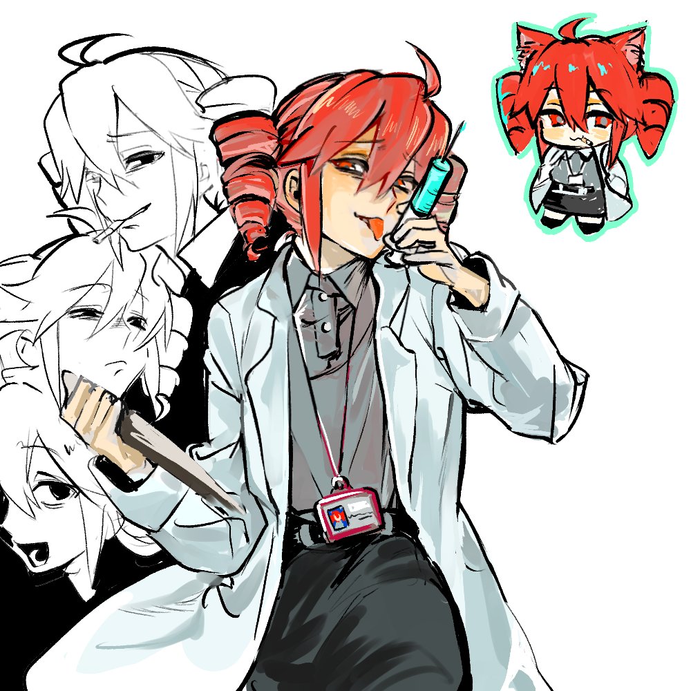 1girl, animal_ears, black_skirt, cat_ears, clipboard, coat, drill_hair, empty_eyes