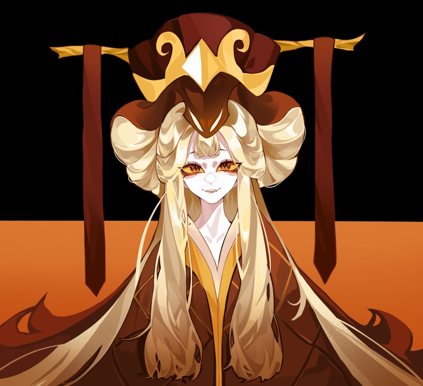 1girl, absurdres, black_background, blonde_hair, brown_eyes, colored_sclera, cookie_run, cream_hair, fangs, highres, long_eyelashes, long_hair, looking_at_viewer, orange_background, simple_background, slit_pupils, snake_fruit_cookie, solo, source_request, tagme, two-tone_background, very_long_hair, yellow_sclera