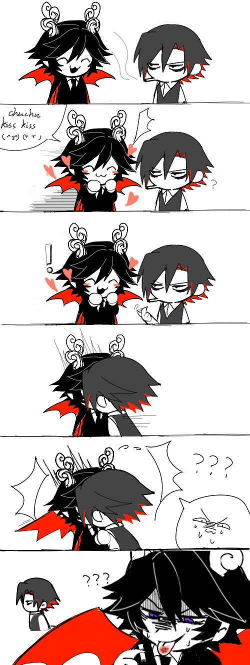 2boys, :3, :d, black_hair, burnt_tongue, closed_eyes, closed_mouth, colored_inner_hair