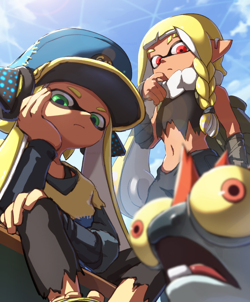 2girls, agent_3_(splatoon), agent_3_(splatoon_3), bandaged_arm, bandages, bare_shoulders, behind-the-head_headphones, black_bandages