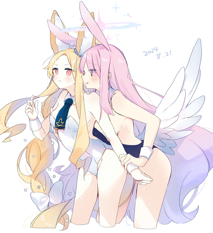 2girls, :q, alternate_costume, animal_ears, bare_legs, bare_shoulders, black_leotard, blonde_hair