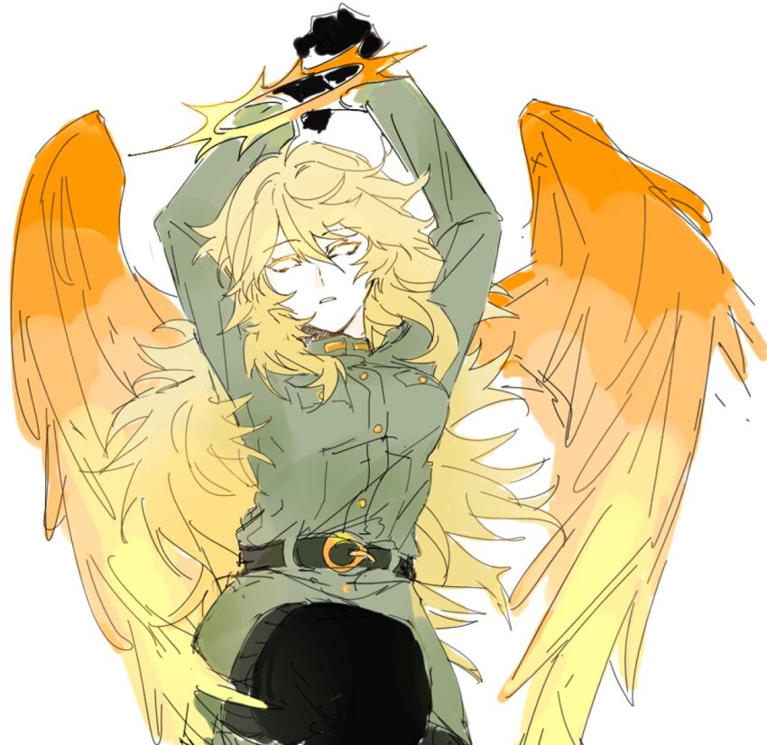 arms_up, black_eyes, black_gloves, blonde_hair, funamusea, gloves, green_jacket, halo