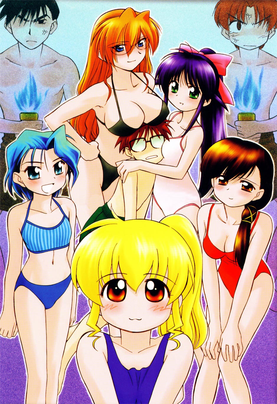 andou_mahoro, black_hair, blonde_hair, blue_eyes, blue_hair, brown_eyes, brown_hair, glasses