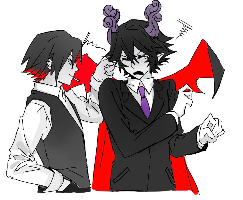 2boys, black_hair, black_jacket, black_vest, closed_eyes, collared_shirt, colored_inner_hair, fumus_(funamusea)