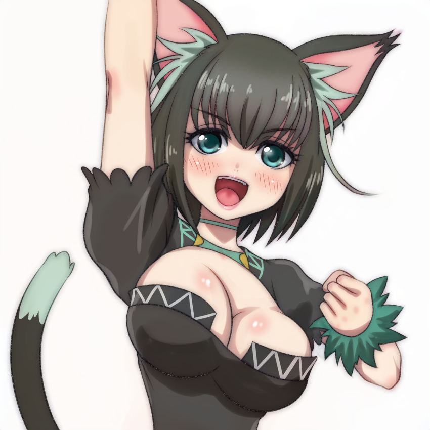 1girl, :d, animal_ear_fluff, animal_ears, aqua_eyes, arm_up, black_dress, black_hair