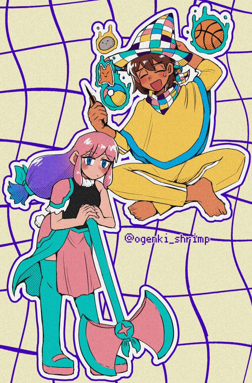 1boy, 1girl, alternate_costume, alternate_hair_color, alternate_hairstyle, artist_name, aubrey_(faraway)_(omori), aubrey_(omori)