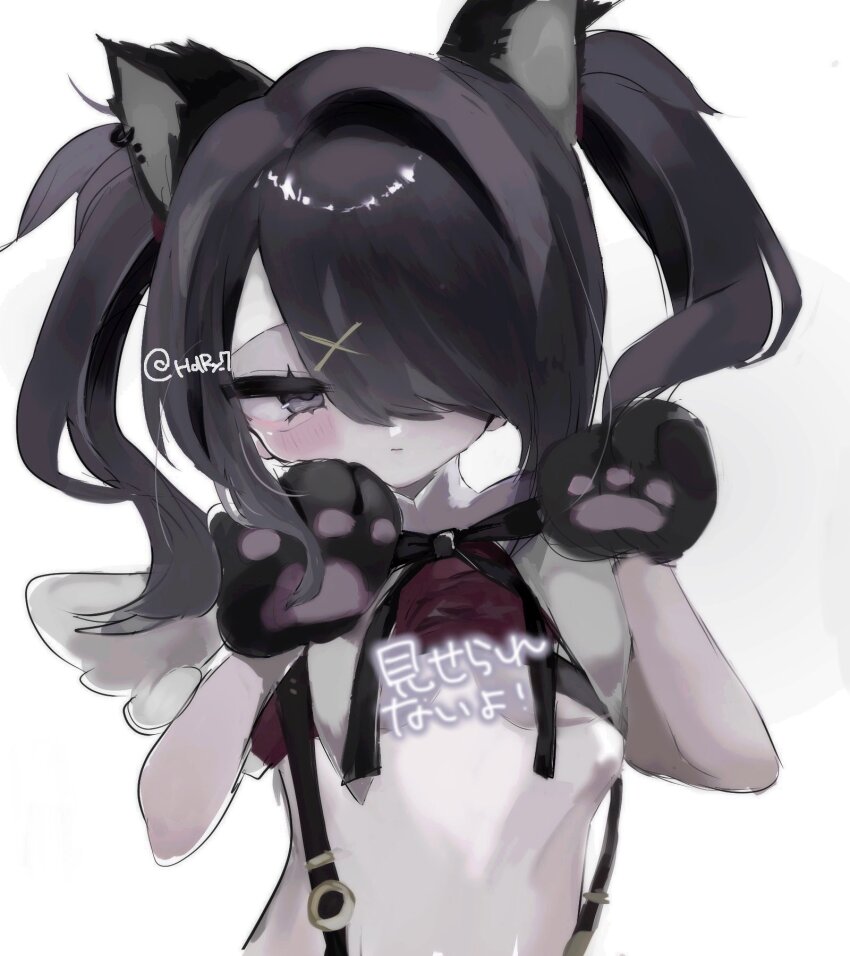 1girl, ame-chan_(needy_girl_overdose), animal_ears, animal_hands, black_eyes, black_hair, cat_ears, cat_paws