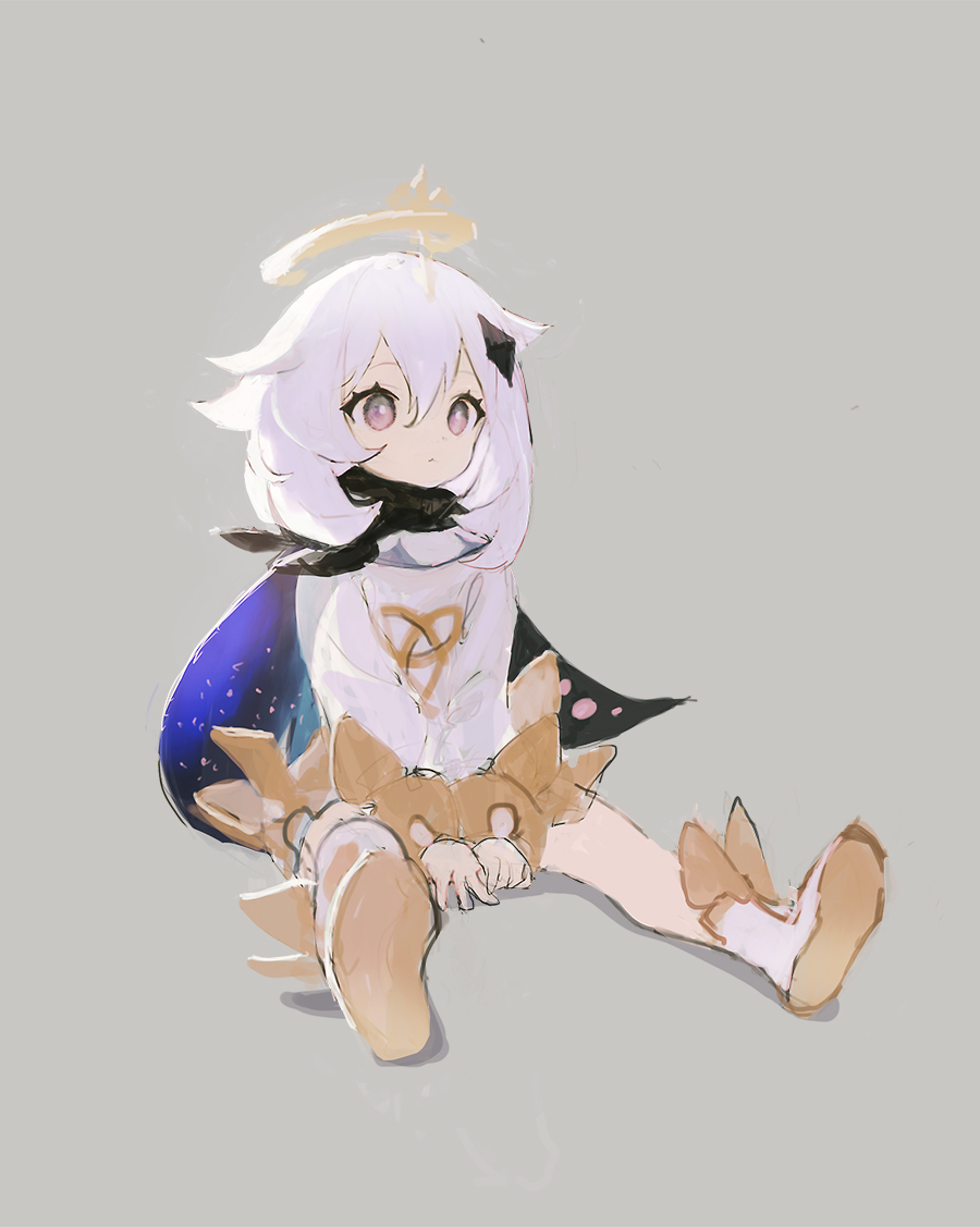 1girl, blue_cape, cape, full_body, genshin_impact, grey_background, halo, kouka_(mrakano5456)