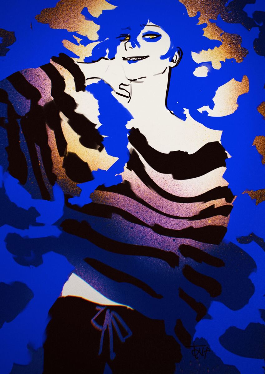 1boy, absurdres, ake_karashi, arm_behind_head, blue_hair, blue_lips, brown_background, cowboy_shot