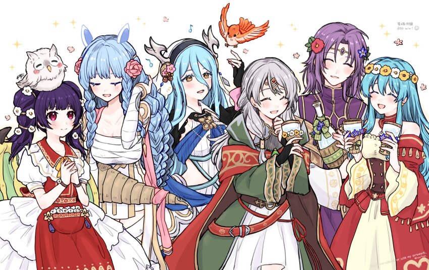 1boy, 5girls, animal, animal_on_head, aqua_hair, azura_(song's_reflection)_(fire_emblem), bare_shoulders, bird, bird_on_head, blue_hair, blush, braid, breasts, chest_sarashi, closed_eyes, closed_mouth, dragon_wings, dress, eirika_(fire_emblem), eirika_(valentine)_(fire_emblem), feh_(fire_emblem_heroes), fire_emblem, fire_emblem:_radiant_dawn, fire_emblem:_the_sacred_stones, fire_emblem_fates, fire_emblem_heroes, flower, green_robe, grey_hair, hair_between_eyes, hair_flower, hair_ornament, heidrun_(fire_emblem), highres, long_bangs, long_hair, lyon_(fire_emblem), lyon_(valentine)_(fire_emblem), medium_hair, micaiah_(dawning_maiden)_(fire_emblem), micaiah_(fire_emblem), misato_hao, multiple_girls, myrrh_(fire_emblem), myrrh_(valentine)_(fire_emblem), nintendo, official_alternate_costume, on_head, open_mouth, owl, own_hands_together, purple_hair, purple_robe, red_dress, red_eyes, robe, sarashi, twintails, white_dress, wings, yellow_eyes, yune_(fire_emblem)